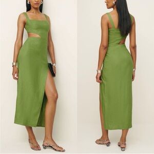 Reformation Satori Linen Green Cut-Out Midi Dress